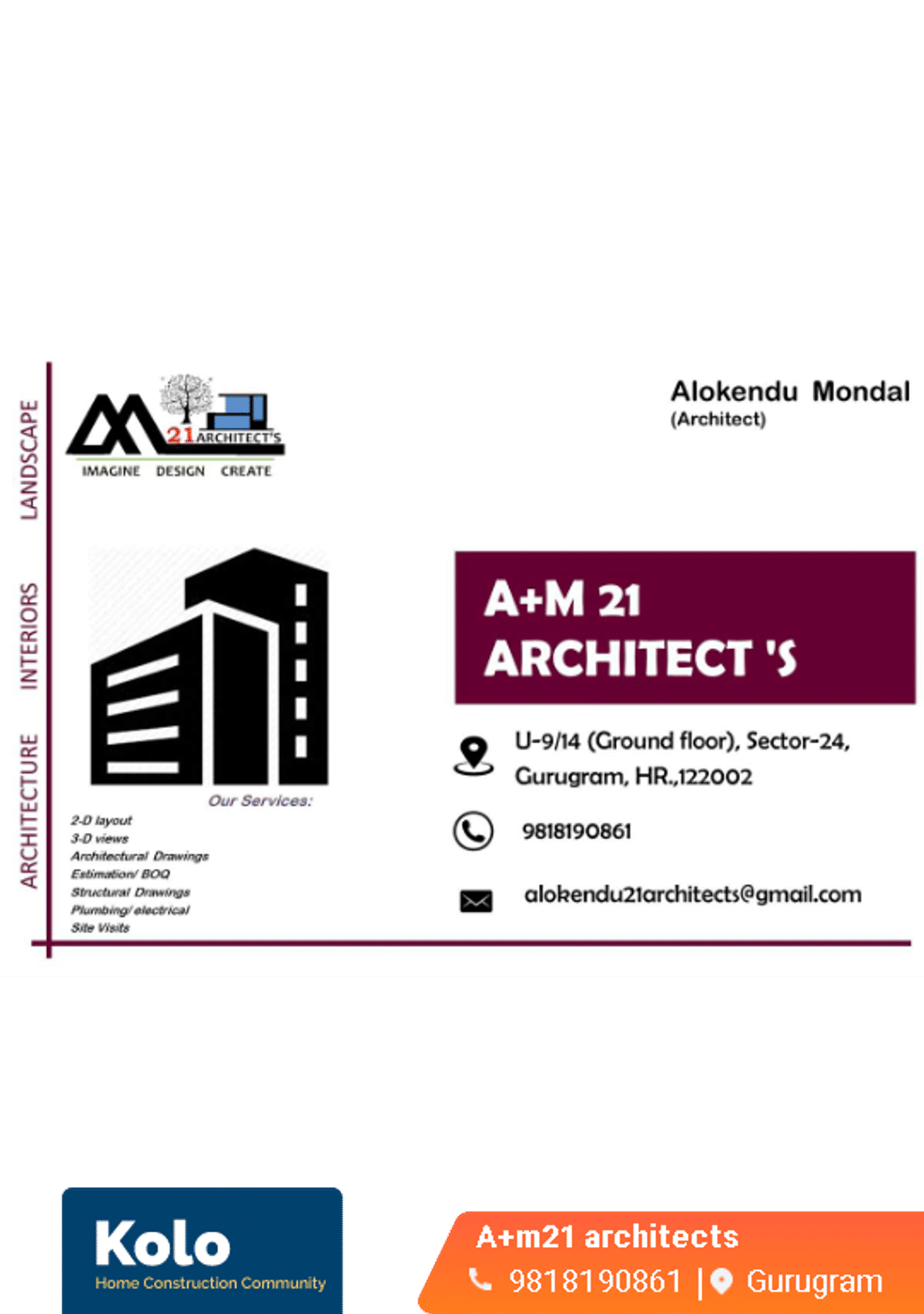 Hello sir Greetings from A+M21 Architect's studio Gurugram. We are studio based in Gurugram Cybercity deals with architectural Interiors and landscape services. Kindly contact us for your requirements. Alok 9818.190861