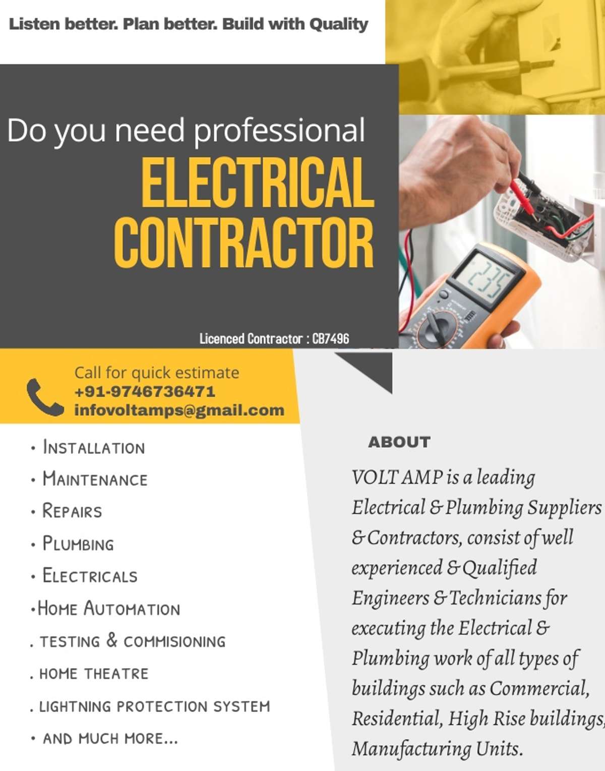 70/SqFt. 
We offer One Year Defect Liability Guarantee Period (DLP). 
VOLT AMP
+91-xxxxxxxxxxxJithin