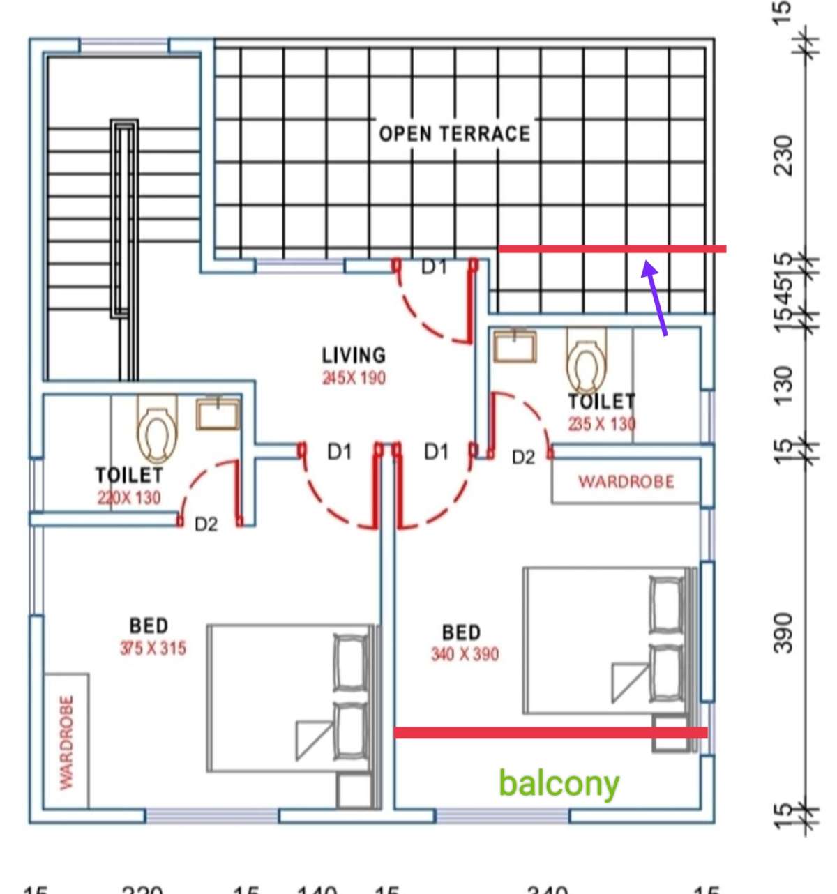 right side room toilet കുറച്ച് ബാക്കിലോട്ട് shift ചെയ്തിട്ട് bed room ഇന്റെ front side ഏരിയയിൽ balcony add ചെയ്യാം എന്നാണ് എനിക്ക് തോന്നുന്നത്.