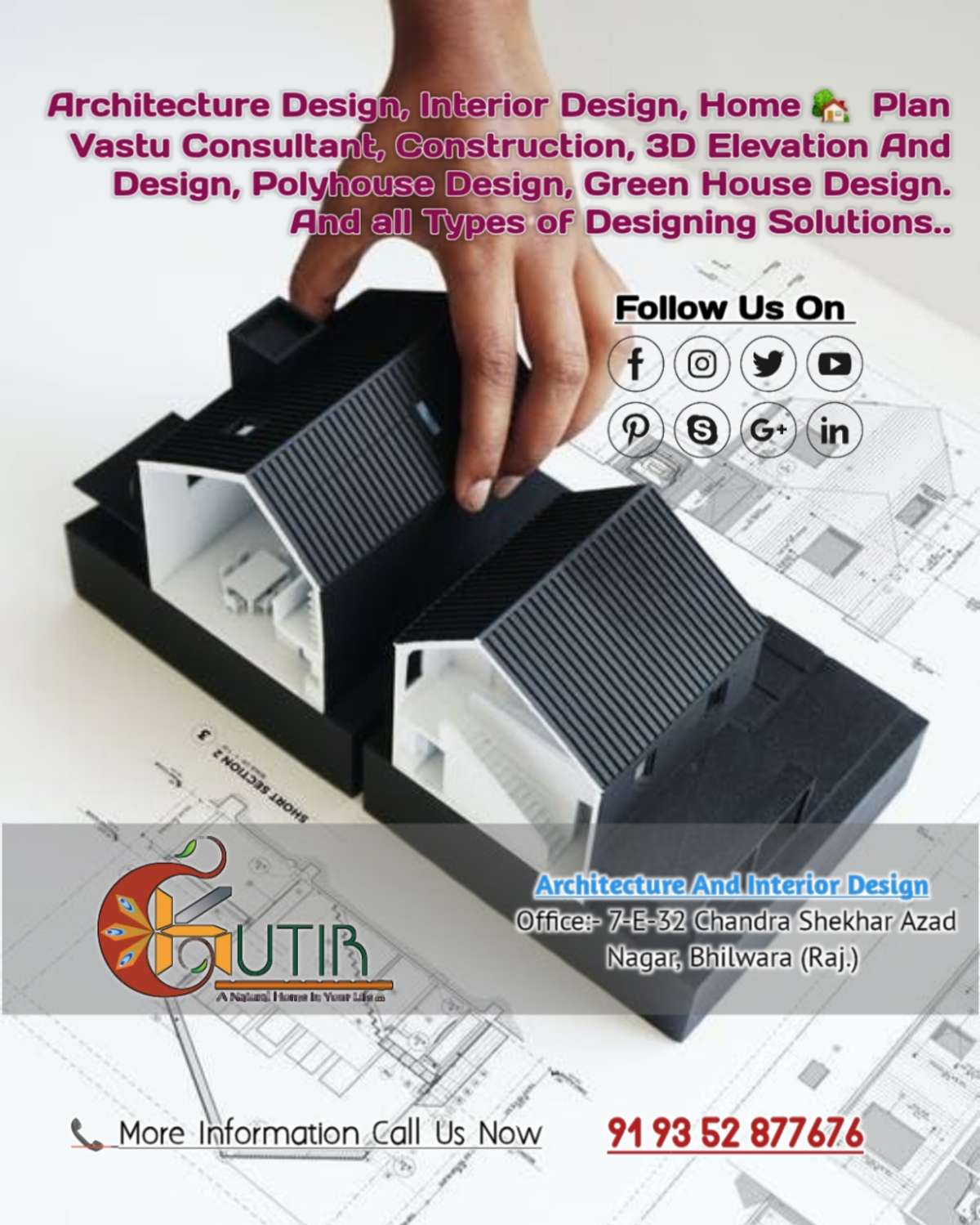 Architectural Plan 4 Rupees Per Sqft 
Architectural Project Drw. 35 Rupees Per Sqft 
Front 3D Elevation Design 15,000-20,000 Asper Design
Interior 10,000-20,000 Per Room As Per Design

Terms & Conditions 
Full payment advance 
-two time editing free
-3rd time editing 50% chargeable…