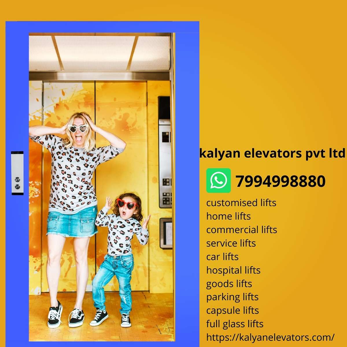 Kalyan Home Elevators offers the long-awaited solution to vertical mobility within homes at affordable prices and easy-to-use features. Our customized and aesthetically designed home lifts are easily installable in preexisting homes as well as houses under construction, and help you relieve the headache of climbing. More details:- call.....

we do all kind of :-
Home Lifts
Hospital Lifts
Capsule Lifts
Commercial Lifts
Customised Passenger Lifts
Car Lifts
Parking Lifts