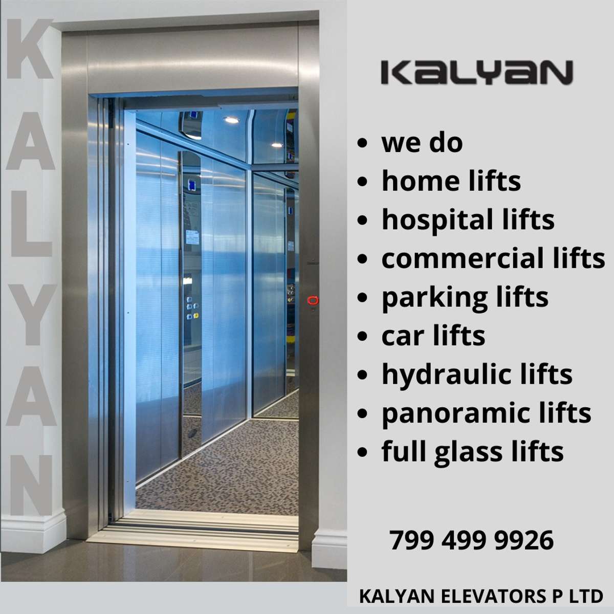 Kalyan Home Elevators offers the long-awaited solution to vertical mobility within homes at affordable prices and easy-to-use features. Our customized and aesthetically designed home lifts are easily installable in preexisting homes as well as houses under construction, and help you relieve the headache of climbing. More details:-