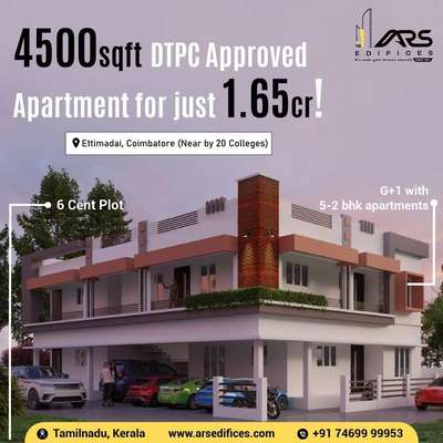 Enjoy the best of an apartment that the ARS EDIFICES has to offer at this spectacular 4500 sqft conveniently located in Ettimadai, Coimbatore offering the astonishing architecture of your wish and incredible specifications.

The unique features include;

🔹 6 cent plot
🔹G+1 with 5-2 bhk apartments
🔹3+ car parking
🔹Boar well
🔹Sump tank
🔹Fully vetrified tiles, sanitary fittings
🔹5 water tank
🔹MEP fully covered work
🔹Doors, UPVC Windows, ferocement cupboards
🔹Painting
🔹Loan facility available
 #appartments #Coimbatore #appartment