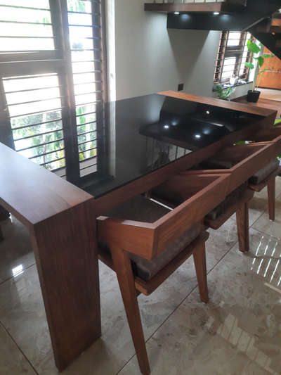 Dining table with chairs , customised in teak wood & glass , work @ Trivandrum .