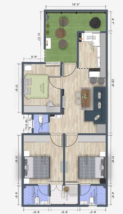 *2D floor plan with dimensions*
Get 2D floor layouts with furniture and dimensions of rooms, wardrobe, tables, doors, windows, cabinets, etc.