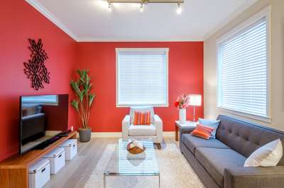 Let's create a vibrant and cheerful living room atmosphere with a red and white colour duo. Add curtains, rugs, table lamps, and vases in a white shade to balance and highlight the red wall. Using a red cushion with a white sofa and bringing shades of grey with planters and a 3-seater sofa complete the look. #interior  #decor  #ideas  #home  #interiordesign  #indian  #colourful #decorshopping