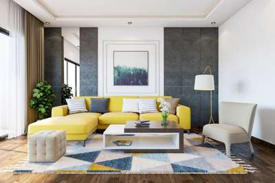 A yellow coloured sofa makes a bold statement in this living room design and brightens up the entire space. Pair it with a multicoloured rug and a two-toned coffee table that gives a refined look to the space. The accent wall with a combo of black wall paneling, white trims, and mirror paneling adds the perfect contrast to the vibrant colours and enlivens the space.#interior #decor #ideas #home #interiordesign #indian #colourful #decorshopping
