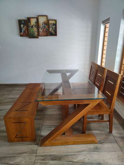 dining table with chair theek wood. #mat finishing  #3chair  #one side bench