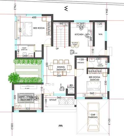 3bhk residential plan#GF including 2 Bedrooms with attached bathroom,Living room,Dining area, Kitchen, Work area, Open court yard#FfF includes Living area, 1bedroom with attached bathroom, Open terrace #1485sqft# 2 Storey plan#