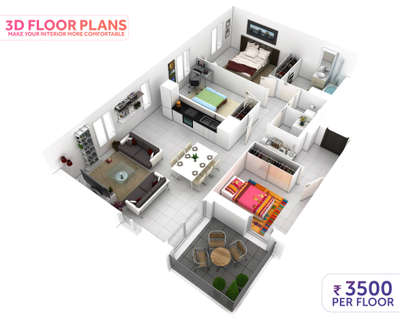 *3D FLOOR PLANS FOR YOUR HOME*
3d Floor Plan with Interior Layout of Furniture, kitchen cabinets, wardrobes, beds and seating arrangements for comfortable use of house.