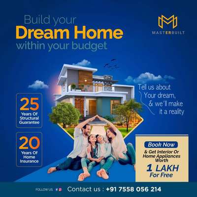 🏆 GOLDEN OFFER: -
(Get 1 lakh worth of home appliances/ interior decor  for free for the first 10 people this month)

"We Transform your dream home into reality with MasterBuilt Construction" 

With our unwavering commitment, we promise you peace of mind and satisfaction. 

💪 All Kerala services available

OUR PROMISE

1) 🏆Enjoy a hassle-free experience backed by a 25-year structural guarantee, ensuring durability and safety for your investment. 

2) 🏆 We offer a complimentary 20-year home insurance plan, safeguarding your property against unforeseen events. 

3)🏆 On Time completion otherwise for every delayed day, we refund ₹1000! 

Our Expertise: -
1. Residential Construction

2. Commercial Construction

3. Architectural drawings

4. Structural drawings

5. Interior  designing

6. Renovation & Restoration Services

7. Supervision

8. Government Liason assistance

Contact us now to begin your journey towards a beautiful, secure home. 

By, 
MasterBuilt Sterbuilt Infrastructure