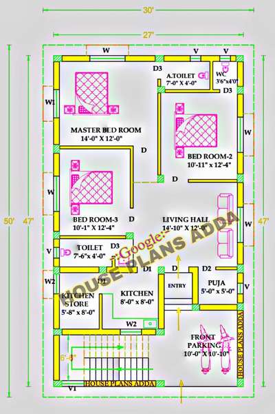 27'×47' 2D House Plan with parking| 3BHK East Facing Floor Plan #3BHKPlans #SmallHomePlans  #FloorPlans #houseplansadda