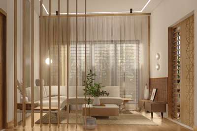 Seamless fusion: where Japanese zen meets Scandinavian Elegance in this Living room design.
 #LivingroomDesigns 
 #interiordesign
 #whitewood 
 #woodenpartition 
 #whitecurtain