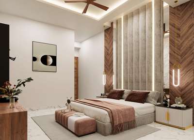 bedroom design #InteriorDesigner   #WallDesigns  #bedbackdeisgn  #lighting  #FalseCeiling  #covelights  #panelling  #Veneer  #upholsteredbed