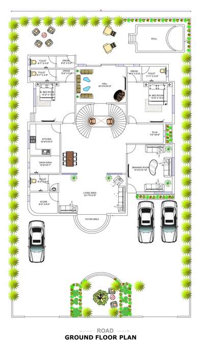 60x100 Bungalow design floor plan with pool and garden