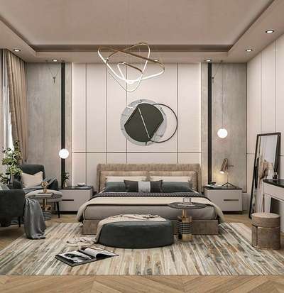 Bedroom#Hanging light#Chandelier#veneer flooring#wall accessories#Rugs#chairs#side table#bed#ottoman#Interior designing
