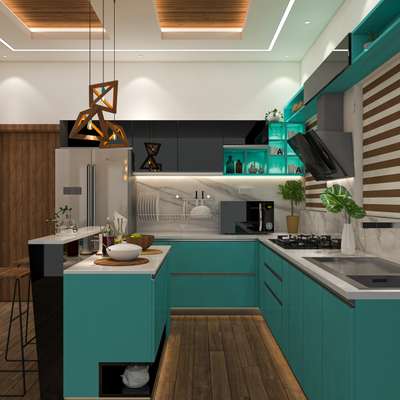 mint blue with black combo modular island kitchen
3D view
 #keralainterior  #InteriorDesigner  #carpenterkitchen  #ModularKitchen  #Architectural&Interior   #CivilEngineer  #moderndesign