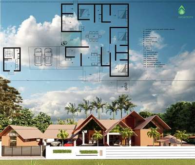 2150 sq.ft single floor home with sitout, living, dining, kitchen, work area, Pooja space, 4bedroom with attached bathroom, a poomukham, private garden and a patio space accessible from dining along with a stair room. site at Pukkattupadi, Ernakulam.  #architecturedesigns #Architect #Architect #residenceproject #eclecticdecor #SlopingRoofHouse #SingleFloorHouse #GardeningIdeas