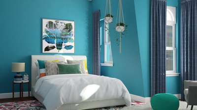 Create a bright and beautiful bedroom in shades of blue. A simple way to balance out bright walls is by adding in darker drapery. This allows you to break up the color a bit and create a cohesive flow between walls, artwork and accessories like throw pillows and poufs.#interior #decor #ideas #home #interiordesign #indian #colourful #decorshopping