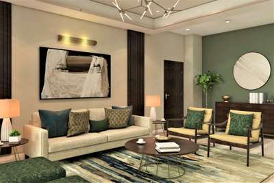 This living room design gives a contemporary look with a few traditional elements. The accent wall with brown dark wood paneling frames the abstarct painting perfectly. The carpet and the printed fabrics give the space an indian vibe which is perfect for any indian home.
#interior #decor #ideas #home #interiordesign #indian #colourful #decorshopping