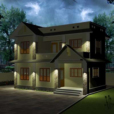 3D front elevation, night view