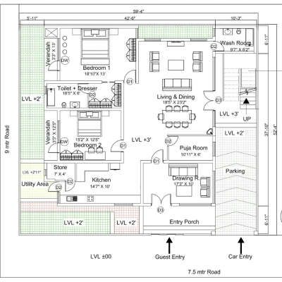2D Villa plan on plot size of 59'4" x 52'4" in Itarsi, Madhya Pradesh.