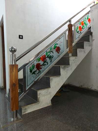 #wooden  #glass  #stainless  steel  #handrail  #staire  #coloured glass  #ss fabrication work #wooden staire with glass