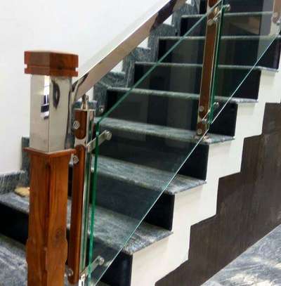 wood with steel legs and glass railing