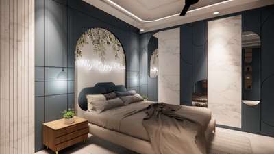 A #Bedroom with #hiddendoors, has a relaxing #interior. 
the #ceiling has its own design going with the perfect interior  
 #BedroomDecor #BedroomDesigns #FalseCeiling #BedroomCeilingDesign #bedhead #bedding #InteriorDesign .