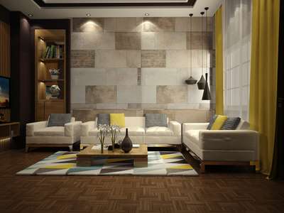 Create a modern living room with geometric texture by investing in a geometric pattern rug, striped cushions, and textural wall tiles. Yellow curtains and cushions give a yellow accent to the room. Hang cone shaped pendant lights to complete the texture of the room.
#interior #decor #ideas #home #interiordesign #indian #colourful #decorshopping