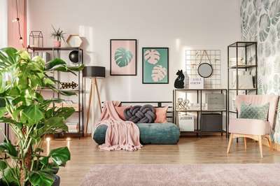 Create a bright, comfortable atmosphere in your space with soft pinks, greens and grays. Throw in a statement pink plush chair, a fluffy floor cushion, pillows and a soft rug. Transform a corner into your workspace with hanging mirror, photo grid and other desk organizers.
#interior #decor #ideas #home #interiordesign #indian #colourful #decorshopping
