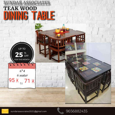 OFFER SALE.....
25% DISCOUNT
TEAK WOODE DINING TABLE









#DiningChairs #DiningTableAndChairs #woodendesign #diningtabledecor #teak_wood #teakwoodchair #teakwoodfurniture #teakfurniture
