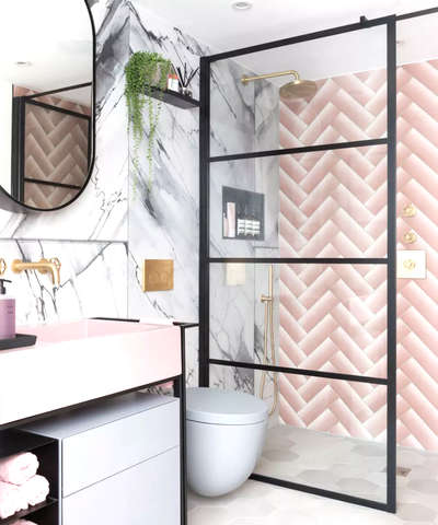 #white and pink  bathroom  # white with pink tiles  bathroom design # bathroom idea in pink  # light colour # pink bathroom white colour bathroom  # splendid bathroom colour  # black colour  shower partition # beautiful light colour bathrooms