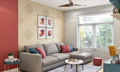 Go for this vibrant living room with bold colours. Add a sectional sofa with cushions to add a comfortable vibe to the room. Use a small coffee table and side table to complete the look of the living space. Get two wallpaper in contrasting colours on either side of the living room for a decorous look.#interior #decor #ideas #home #interiordesign #indian #colourful #decorshopping