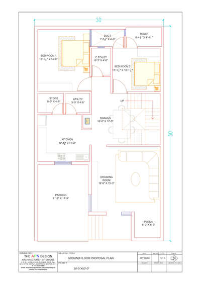 30'x50' 2bhk floor plan of East facing plot...