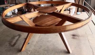 Teakwood dining table round, dia 150cm, 12mm glass top, ₹ 29000+gst