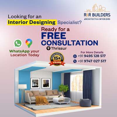 Looking for a revised look for your home? Wanna create a fresh touch to your dream home? Confused about budget and trusted sources? 
We R&R provide you a FREE CONSULTATION for your Interior Works!! 

Thrissur എവിടെയും FREE CONSULTATION 

15+ വർഷത്തെ സേവന പാരമ്പര്യമുള്ള R & R Architects and Interiors 
ഇപ്പോൾ തന്നെ location WHATSAPP ചെയ്യു

#hurry before our FREE period is over! 

𝗢𝘂𝗿 𝗦𝗲𝗿𝘃𝗶𝗰𝗲𝘀:

✅ Architecture designing
✅ Structural designing
✅ Premium house construction
✅ Civil designing
✅ Civil Construction
✅ Interior designing
✅ Interior construction
✅ Landscaping
✅ Home building
✅ Interior designing

✅ Living Room Interior
✅ Bedroom Interior
✅ Kitchen Interior
✅ Dining Interior
✅ Wardrobe 

✅Unique Design
✅Affordable rates
✅100% Customisation
✅100% Customised design
🎯For Supports -
🟢📱http://wasap.my/+919747027517 
📲 +919495128527 
📧 insrandrbuilders@gmail.com 
🌐 www.randrbuilders.co.in 

Happy Homes 🏠 Happy HomeOwners 🤩

#thrissurbuilders #thrissur #throwback #coch