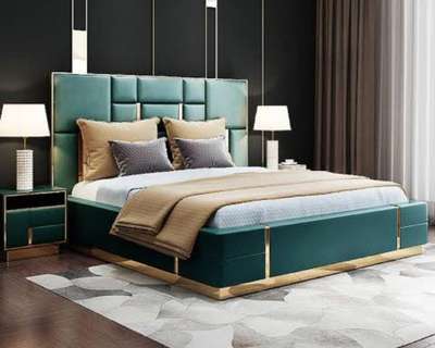 *Bed with side tables*
Upholstered bed and polished side table including metal details with storage and drawers