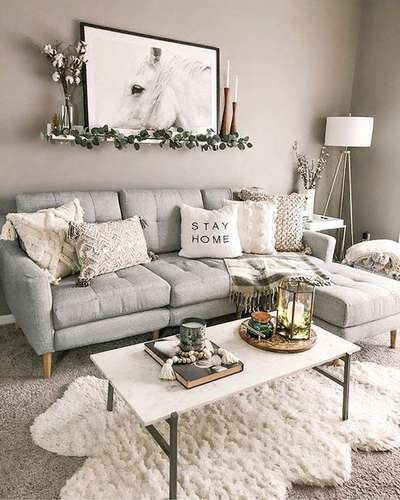 This warm cozy gray and white look can be easily created with these products: - comfy gray sofa with tufted boho cushions, a tripod white lamp, furry carpet, aimsple coffee table with candle holders, vases etc.
#interior #decor #ideas #home #interiordesign #indian #colourful