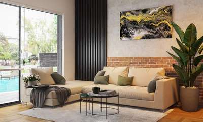 Create this industrial style living room with wooden flooring and an exposed brick wall behind the sofa. Choose an L-shaped sofa with round nesting coffee table to match the look. Complete the style with a soft rug, vases and potted plants.#interior #decor #ideas #home #interiordesign #indian #colourful #decorshopping