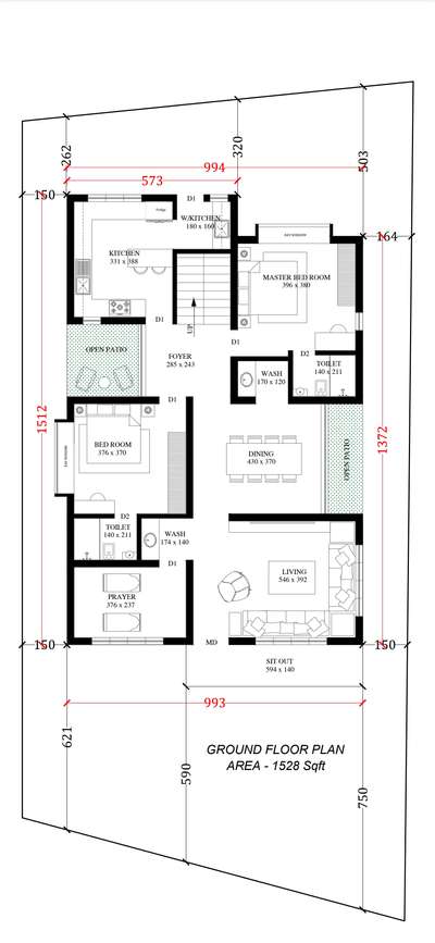1500 sq ft housing plan. #2BHKPlans #courtyardhouse  #FloorPlans #singlestory