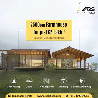 It doesn't get better than this! 2500sqft farmhouse for just 65Lakh! Location: Ettimadai, Coimbatore

🔹Plan approval
🔹2d,3d plans
🔹loan facility available
🔹Fully vetrified tiles, sanitary fittings
🔹Electrical and plumbing Ferocement cupboards
🔹Painting
 #farmhousestyle #farmhouse #tamilnadu #Coimbatore