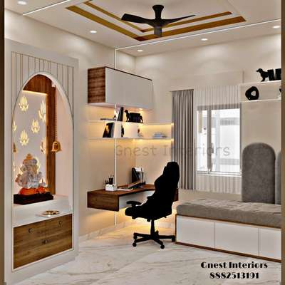 study with Puja room interior
3D.
 #InteriorDesigner #HomeDecor #StudyRoom #study/office_table #mandirdesign #BedroomDesigns #WoodenBeds #CeilingFan #fallceiling #pujaghar #KitchenCabinet #LivingroomDesigns #roominterior #interiorstylist .