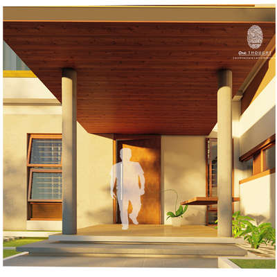 | E N T R A N C E |

THE F HOUSE 
Residence in Malappuram, Kerala
.
 #architecture  #residence  #moderndesign   #Architect  #render  #portico  #exterior #sitoutdesign  #WoodenCeiling  #concrete