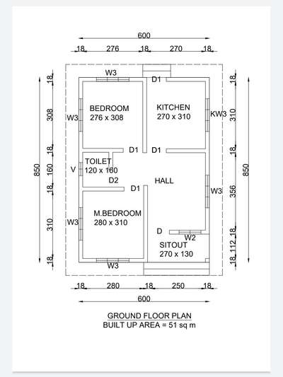 According to your requirements at affordable rates, 2D drawing is prepared for you. 
Contact me for more details : 9497051092
Plan shown details :
Plan under 600 sqft
2 bedroom with common toilet, kitchen, small hall, Sitout
#SingleFloorHouse #600sqft #vastuplan #2DPlans #2bedroom