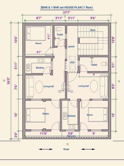1BHK & 2 BHK SET HOUSE PLAN in very small area (27'7"/36'5")