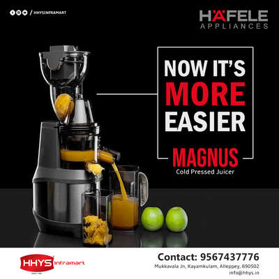 ✅ Hafele - Magnus Cold Pressed Juicer

The Hafele Magnus Cold Pressed Juicer is meant to function at a considerably slower pace than a standard juicer. It may thus extract fruit and vegetable juices without using heat, which helps to preserve the maximum quantity of minerals, vitamins, and enzymes while also preventing oxidation.
The Magnus ensures that more than 80% of the juice from the fruits and vegetables put into the juicer is extracted.

Visit our HHYS Inframart showroom in Kayamkulam for more details.

𝖧𝖧𝖸𝖲 𝖨𝗇𝖿𝗋𝖺𝗆𝖺𝗋𝗍
𝖬𝗎𝗄𝗄𝖺𝗏𝖺𝗅𝖺 𝖩𝗇 , 𝖪𝖺𝗒𝖺𝗆𝗄𝗎𝗅𝖺𝗆
𝖠𝗅𝖾𝗉𝗉𝖾𝗒 - 690502

Call us for more Details :
+91 95674 37776.

✉️ info@hhys.in

🌐 https://hhys.in/

✔️ Whatsapp Now : https://wa.me/+919567437776

#hhys #hhysinframart #buildingmaterials #hafele #hafelejuicer