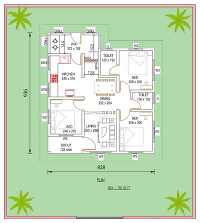 # North face house plan , below 800 sq.ft #