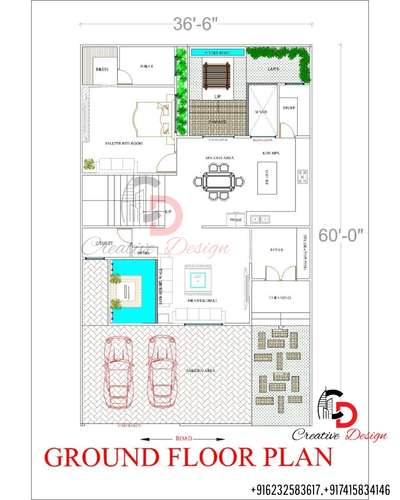 36'6" × 70'0" luxurious villa ground floor plan. 

Contact CREATIVE DESIGN on +916232583617,+917223967525.
For ARCHITECTURAL(floor plan,3D Elevation,etc),STRUCTURAL(colom,beam designs,etc) & INTERIORE DESIGN.
At a very affordable prices & better services.
. 
. 
. 
. 
. 
#floorplan #architecture #realestate #design #interiordesign #d #floorplans #home #architect #homedesign #interior #newhome #house #dreamhome #autocad #render #realtor #rendering #o #construction #architecturelovers #dfloorplan #realestateagent #homedecor