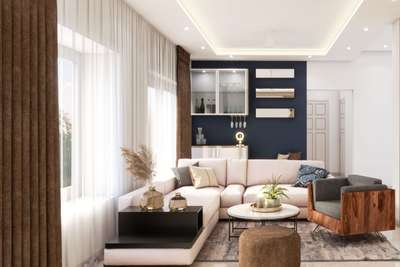 Get this contemporary living room design that is spacious and well-ventilated. The L-shaped creamy-white sofa with dark blue and light grey cushions look wonderful. The wooden accent chair with grey seating and white marble round coffee table gives the space a vibrant finish.
#interior #decor #ideas #home #interiordesign #indian #colourful #decorshopping